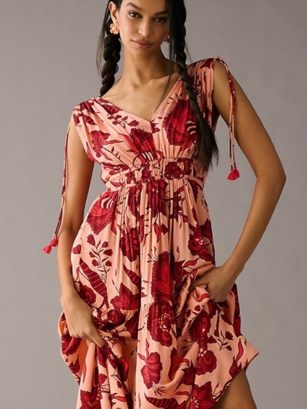 OMIKA Rosalita Tiered Maxi Dress Mara Pink Red Floral Print Sleeveless Viscose L